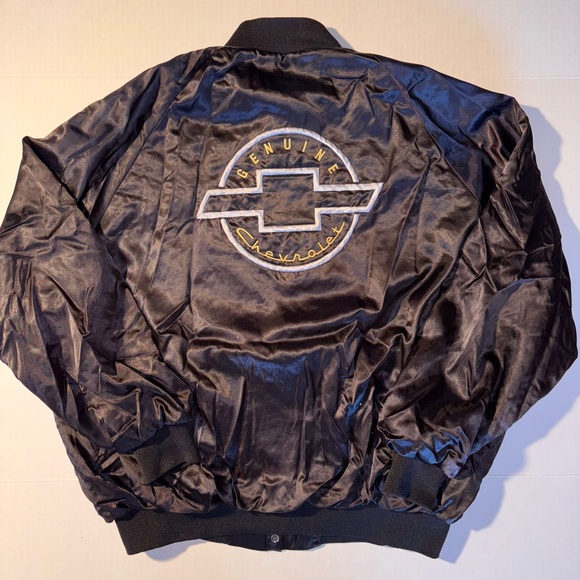 Vtg Chevrolet Chevy 90’s Black Satin Bomber Jacket Bow Tie Logo USA Size XL - Picture 1 of 9